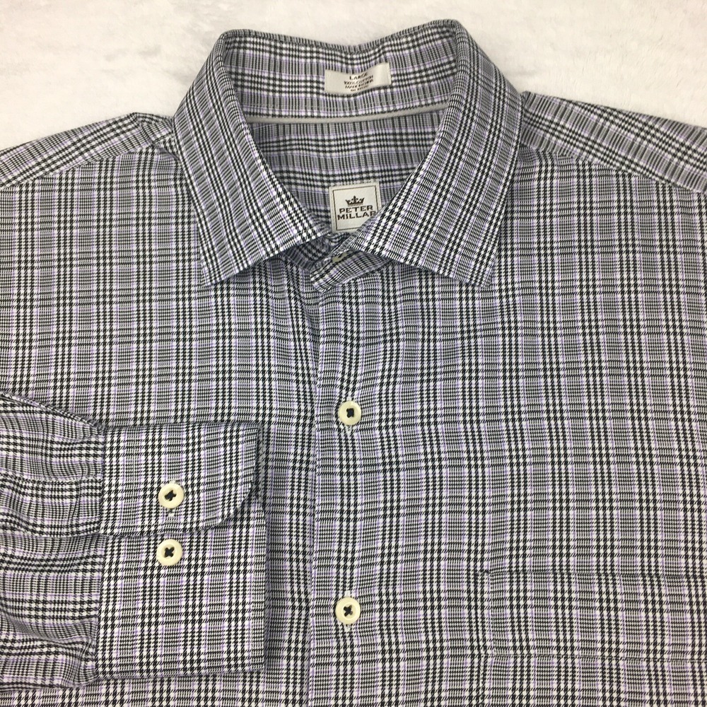 Peter Millar Crown Dress Shirt Mens Large Black/White‎ Plaid Long Sleeves